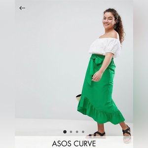 ASOS Curve Design Cotton Midi Skirt Green Bow Tie Belt Ruffle Hem New Size 20
